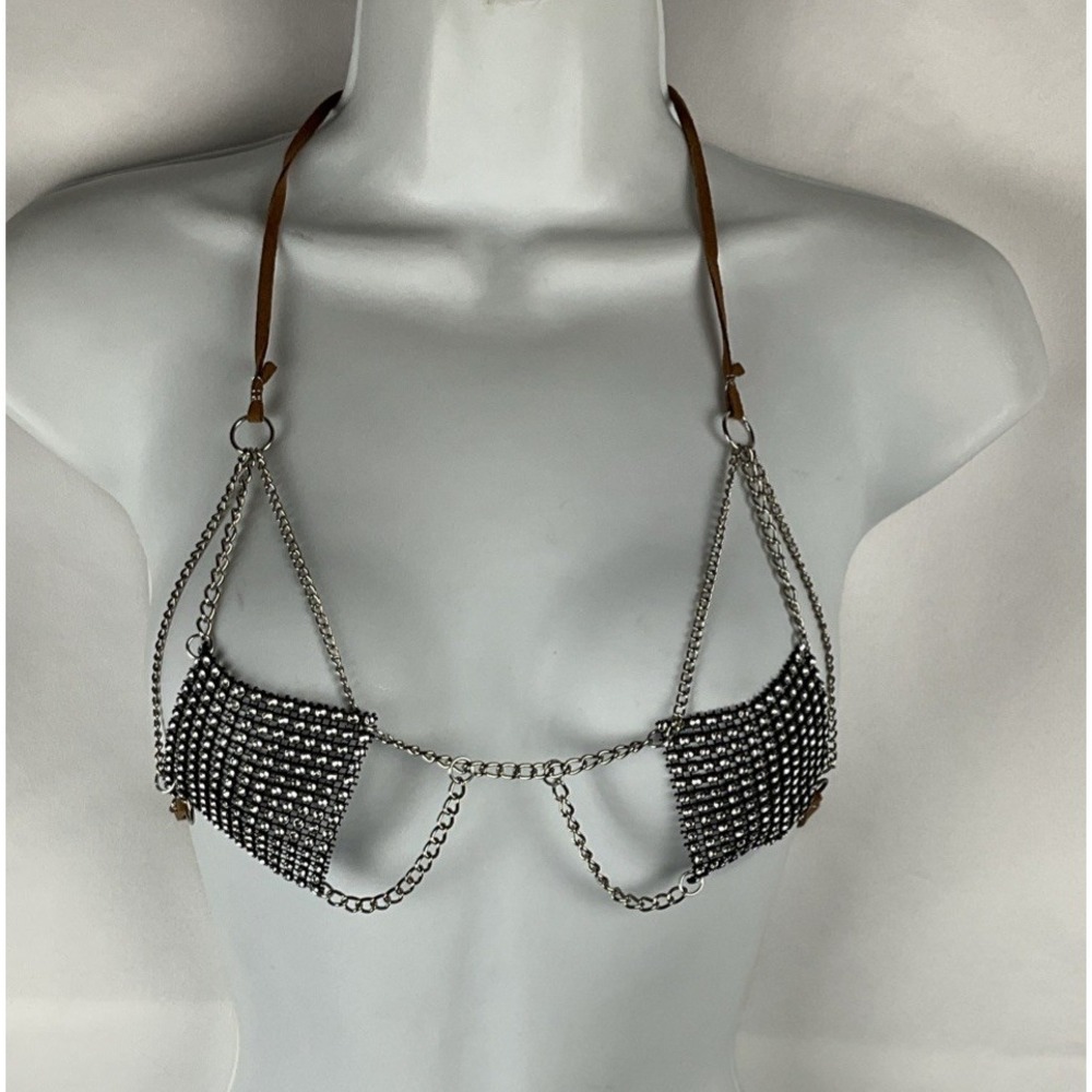 Rhinestone & Chains Black Halter Club Wear Rave Festival Handmade Tie Back